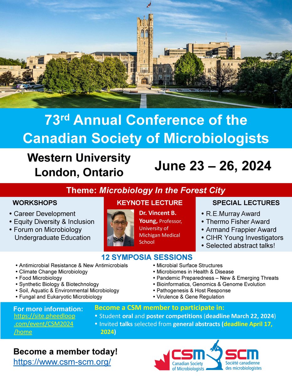 Deadline Reminder! Don't miss the opportunity to present your latest work @CSM_SCM2024 on the beautiful campus at Western University. Deadline for General Abstract Submission is April 17th. We look forward to hosting you at @WesternU @SchulichMedDent @WesternMNI. PLEASE RE-POST