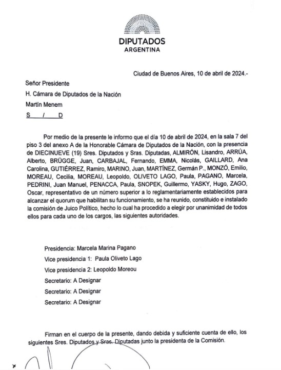 La nota que le mandaron los diputados de la Comisión de Juicio Político a @MenemMartin diciéndole 'ya tenemos presidenta' y es @Marcelampagano // El riojano, que preside la Cámara, desconoce la decisión de la mayoría y (sigue abajo)