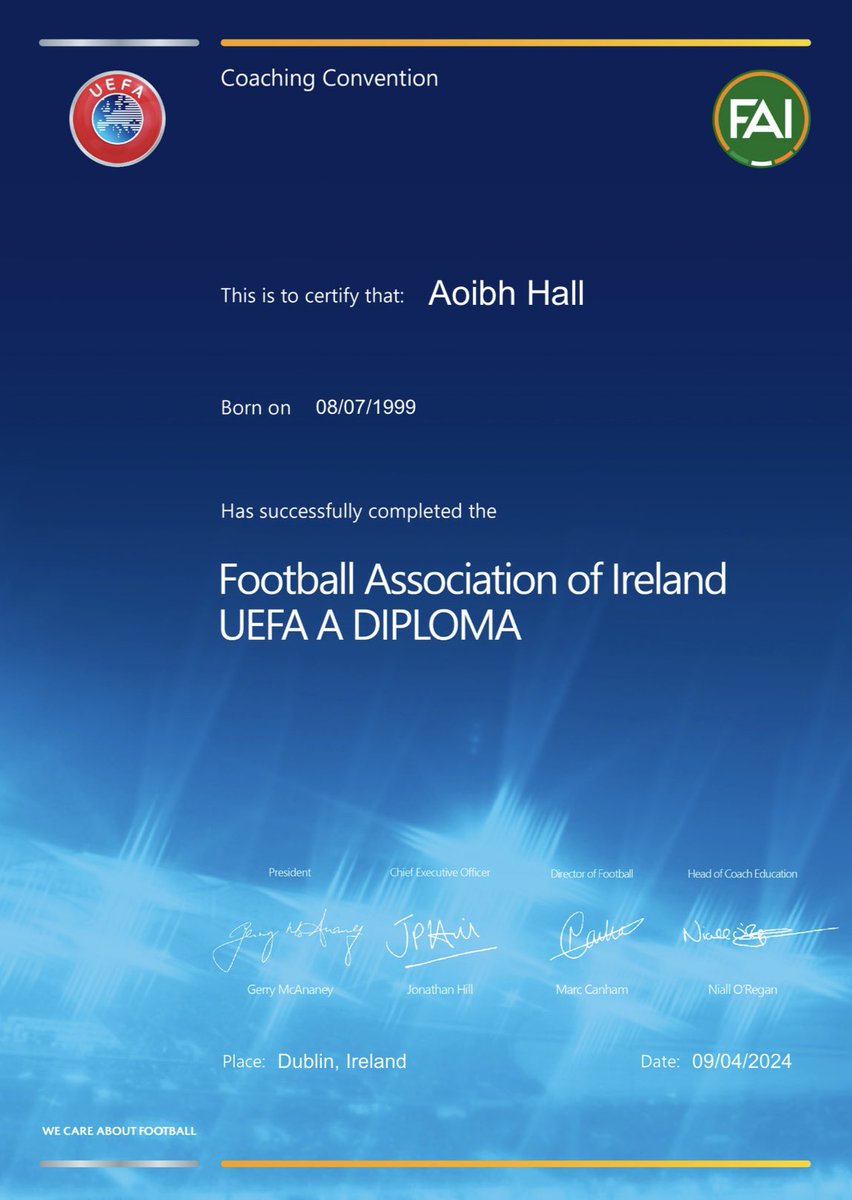 Delighted to receive my <a href="/UEFA/">UEFA</a> A Licence today. 

Massive thank you to <a href="/pmlegend57/">Paul Martyn</a>,  <a href="/richie_fitz1/">Richard Fitzgibbon</a> and everyone in <a href="/FAICoachDev/">FAI Coach Development</a> for their support &amp; guidance throughout the course.