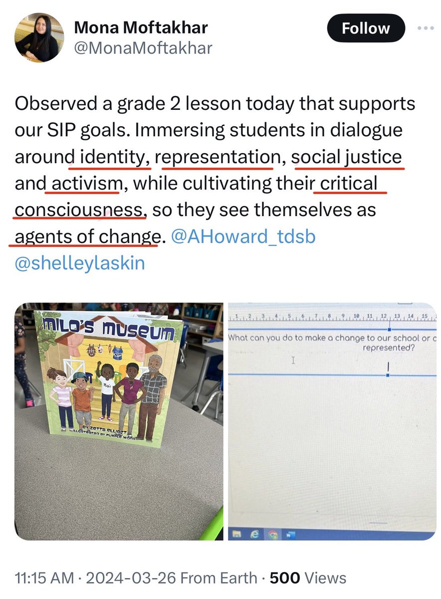 Could it get any more obvious? The goal is to create woke Marxist props/useful idiots/activists for the revolution, not to educate. Grade 2 at @davisville_jps, Toronto. The school has me blocked.