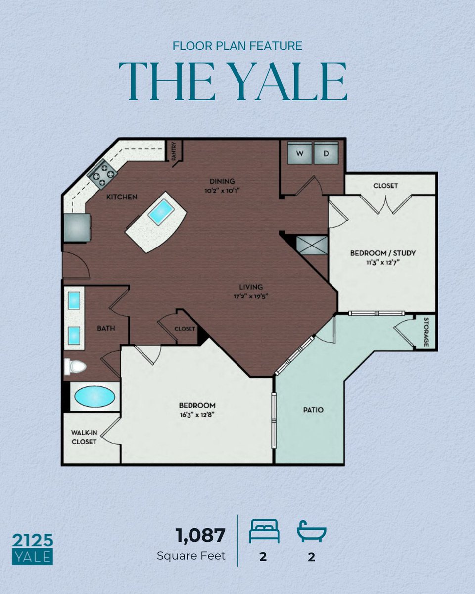 Introducing The Yale floor plan, offering a generous living space of 1,087 square feet🔑Experience the ultimate source of luxury living with our open kitchen layout with a kitchen island, walk-in closet, and in-unit laundry. 

#HoustonApartments #2125yale #floorplanfeature