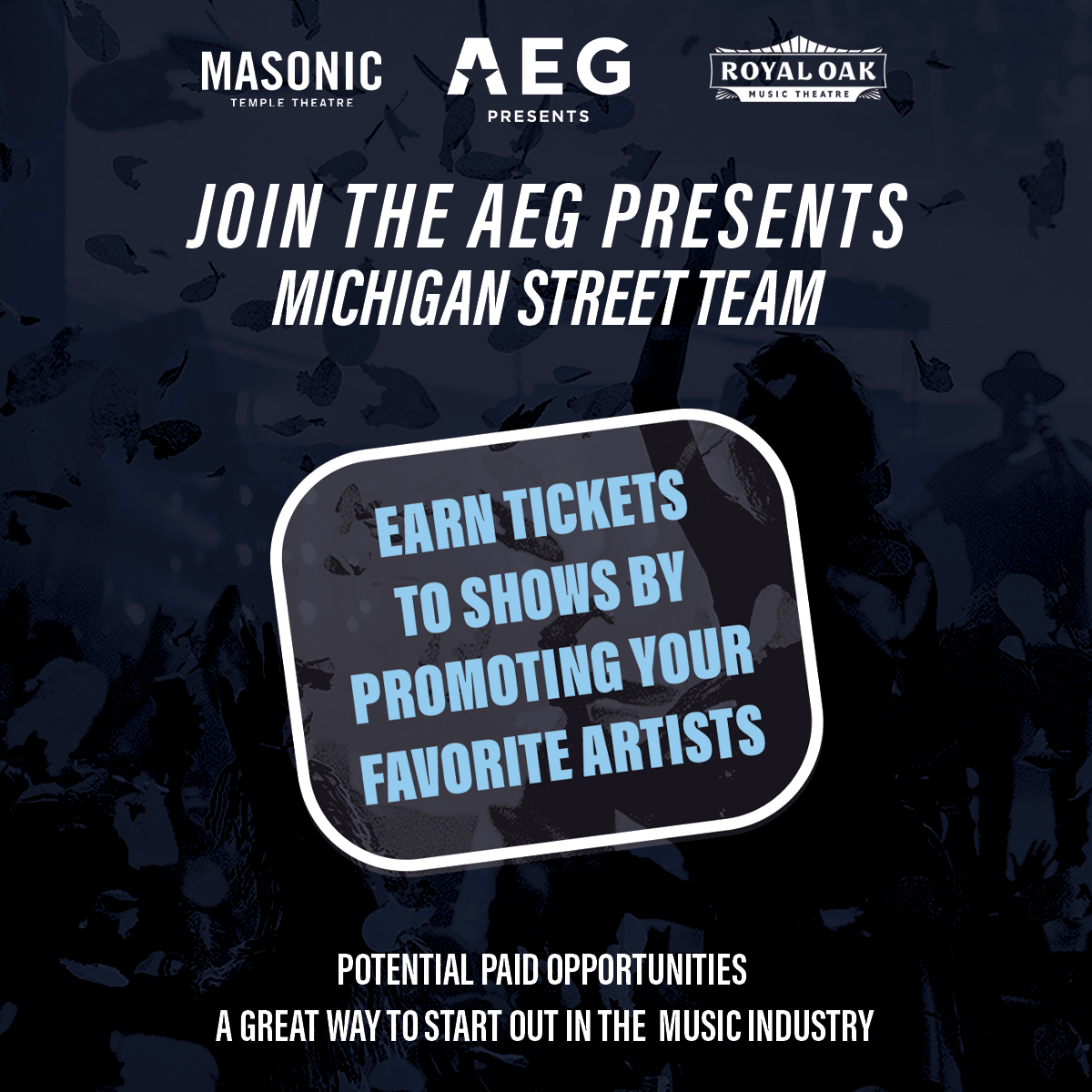 Looking to break into the music industry? Join us on Saturday, April 20th at the Masonic Temple for an informal chat about joining the AEG Michigan Street Team! ⏰ 12:30 pm - 1pm 🗓 Sat. April 20th ℹ️ RSVP at promotions@RoyalOakMusicTheatre.com