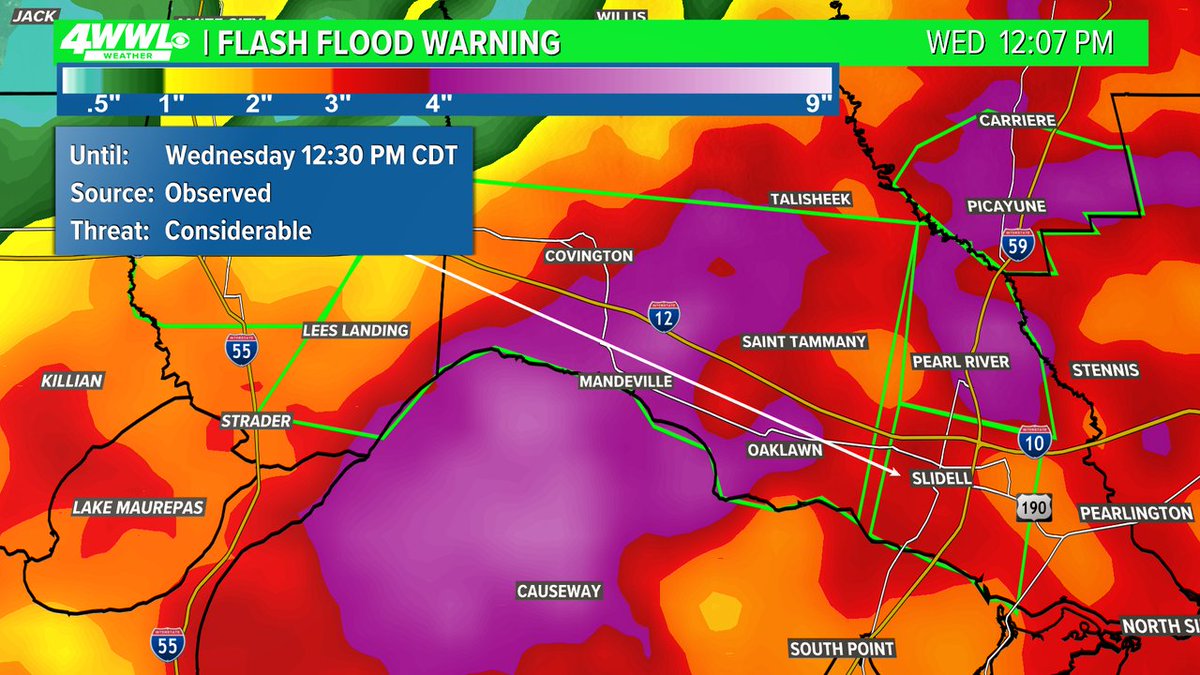 A Flash Flood Warning has been issued for parts of St. Tammany, Tangipahoa until 4/10 3:00PM. Street flooding is happening or about to happen. #BeOn4