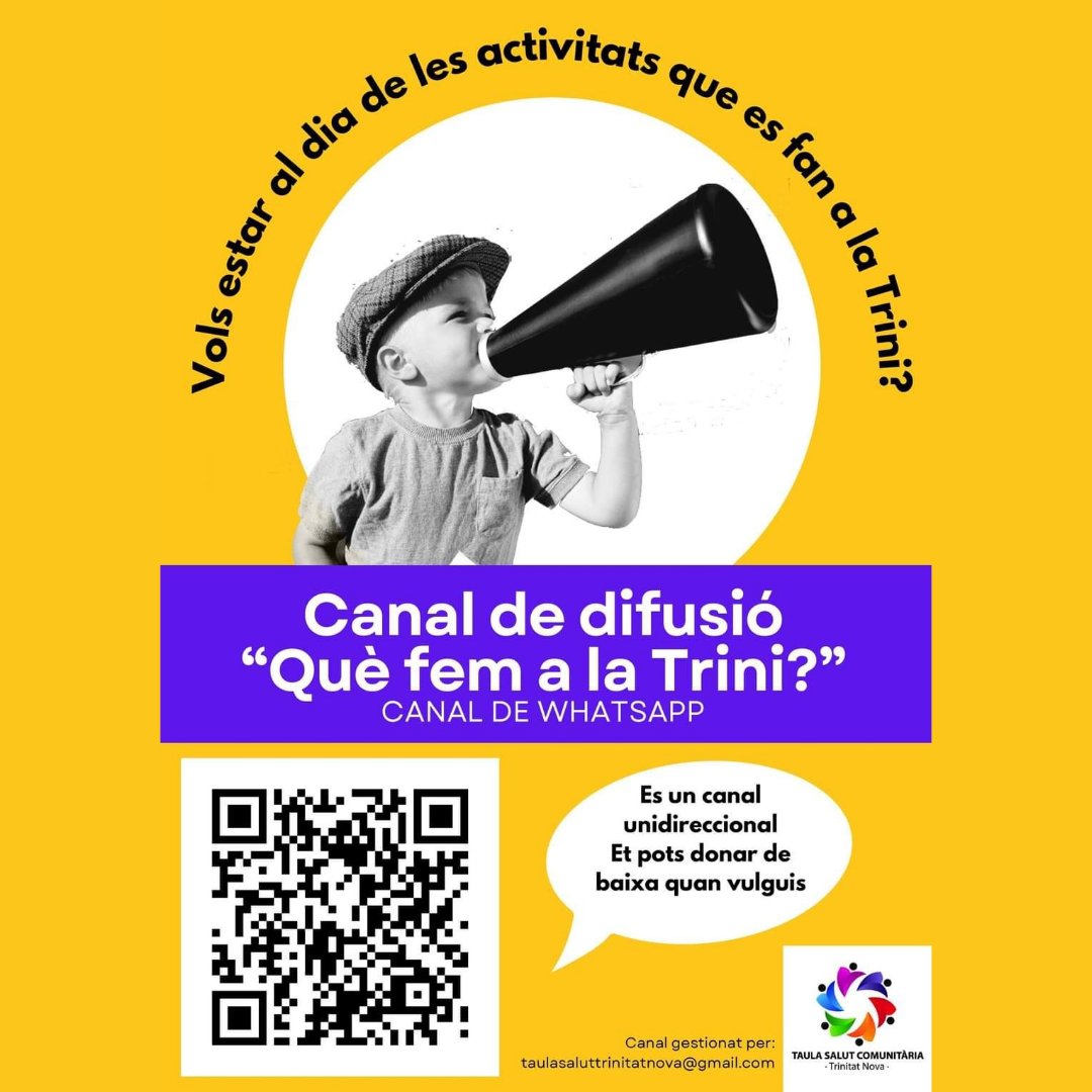 ¿Quieres saber todas las actividades que se hacen en el barrio?
Hay muchas cosas, más de lo que parece... 
Sigue el canal de Què Fem a la Trini? en WhatsApp:
Pincha el enlace y acepta... Verás que fácil y la gran cantidad de cosas que puedes hacer...
 whatsapp.com/channel/0029Va…