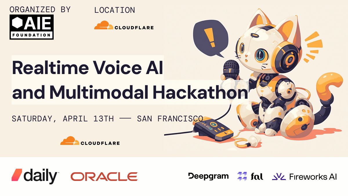 Super pumped for @aiengfoundation's hackathon this Saturday (April 13th) on Realtime Voice and Multimodal AI. Grateful towards @Cloudflare as our location sponsor. 

Prizes include: 4090 GPU and Apple Vision Pro or cash equivalent. Thanks to our sponsors: @trydaily, @OracleCloud,…