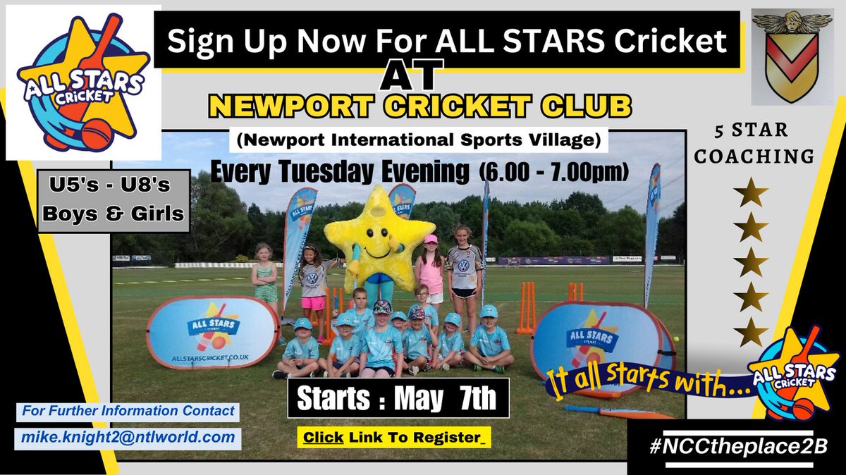 ALL STARS Cricket Coming Soon @newportcricketc Click on the link below to Register ecb.clubspark.uk/AllStars/Cours…