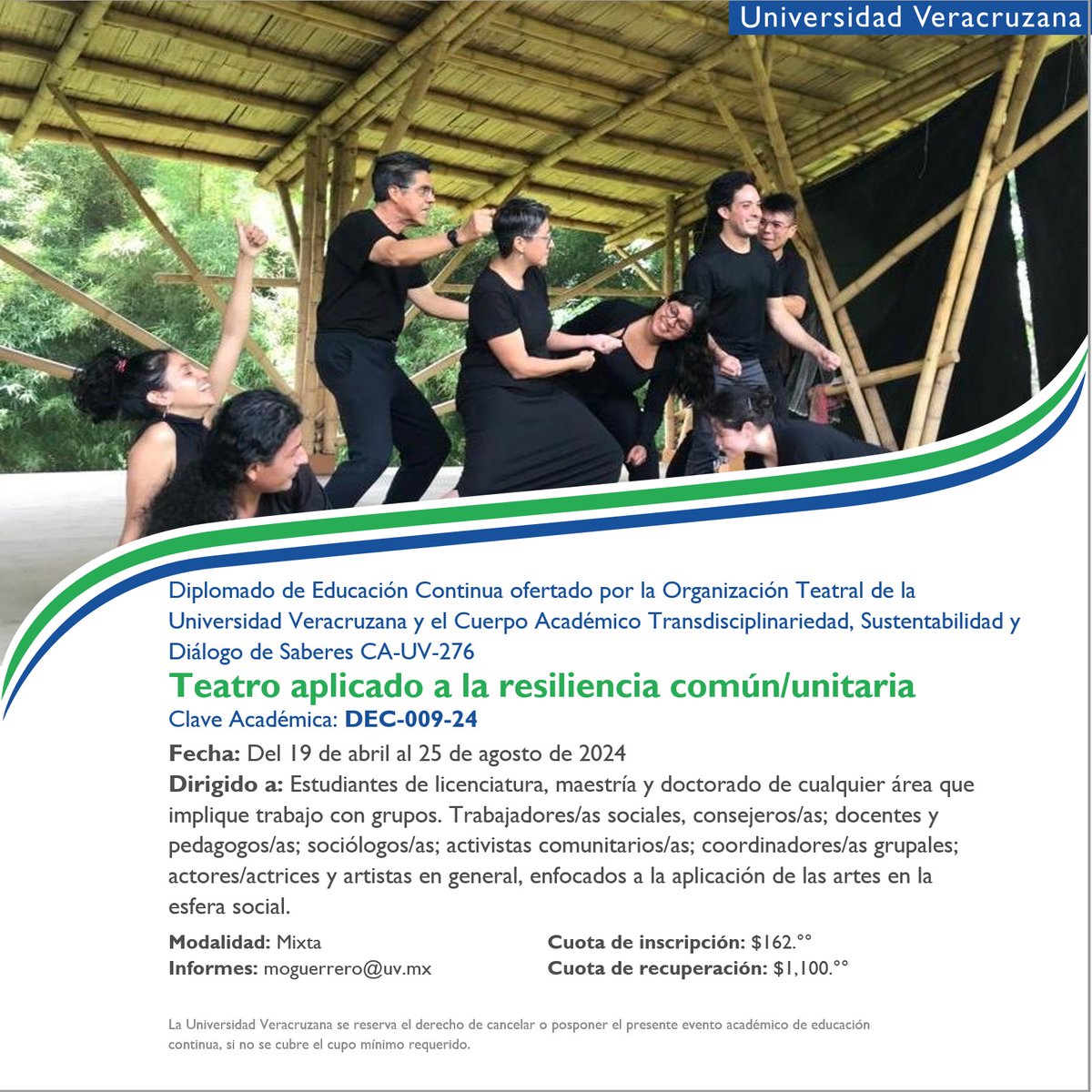 📌🎭Diplomado '𝗧𝗲𝗮𝘁𝗿𝗼 𝗔𝗽𝗹𝗶𝗰𝗮𝗱𝗼 𝗽𝗮𝗿𝗮 𝗹𝗮 𝗥𝗲𝘀𝗶𝗹𝗶𝗲𝗻𝗰𝗶𝗮 𝗖𝗼𝗺𝘂́𝗻/𝗨𝗻𝗶𝘁𝗮𝗿𝗶𝗮' ⏰Horario: Viernes de 16:00 a 20:00 h y sábado y domingo de 10:00 a 14:00 h 💻Interesados ir a la siguiente liga para llenar solicitud: bitly.ws/3fSqs