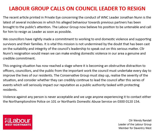Statement from the Labour Group calling on @WestNorthants Leader Jonathan Nunn to resign following today’s @PrivateEyeNews article
