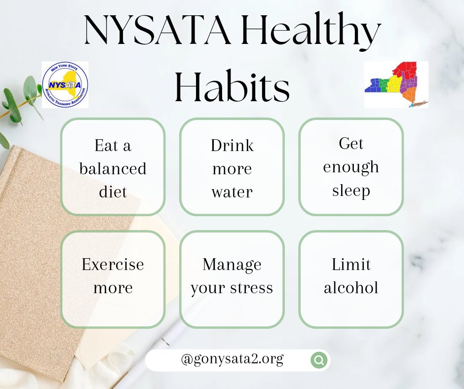 Healthy habits with @GO_NYSATA🏆

Easier said than done, but we should all try our very best to prioritize..

#ATTwitter #AT4All #GetInTheGameNY #dailyhabits #diet #water #exercise 

@NATA1950 @natad2 @EDACNATA @NATASLCreps
@JAT_NATA @NATA_District1 @NATA_COPA
@NYSATA_Region2 🎖️