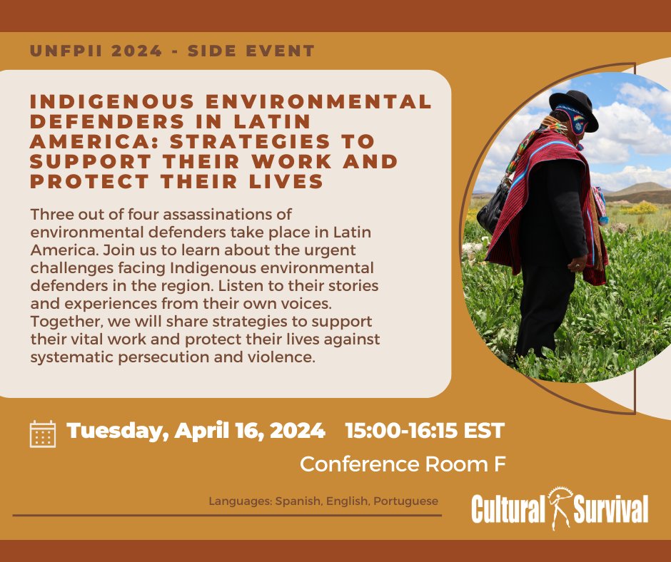 The United Nations Permanent Forum on Indigenous Issues starts April 15! Join us in New York City on April 16 for a side event to discuss the pressing challenges confronting Indigenous environmental defenders in Latin America. #UNPFII23 #WeAreIndigenous @UN4Indigenous