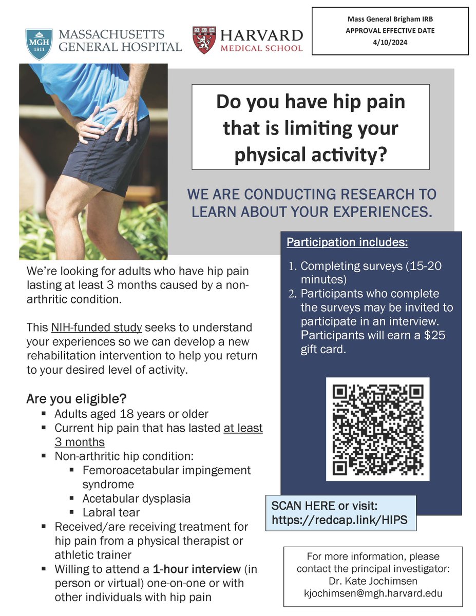 📢 Attn. Boston Orthopedic & Sports Medicine Providers ‼️ We're looking for patients with non-arthritic hip pain to participate in our interviews. Please consider sharing the study flyer ⬇️ with your patients. Reach out with any questions! @MGH_Choir
