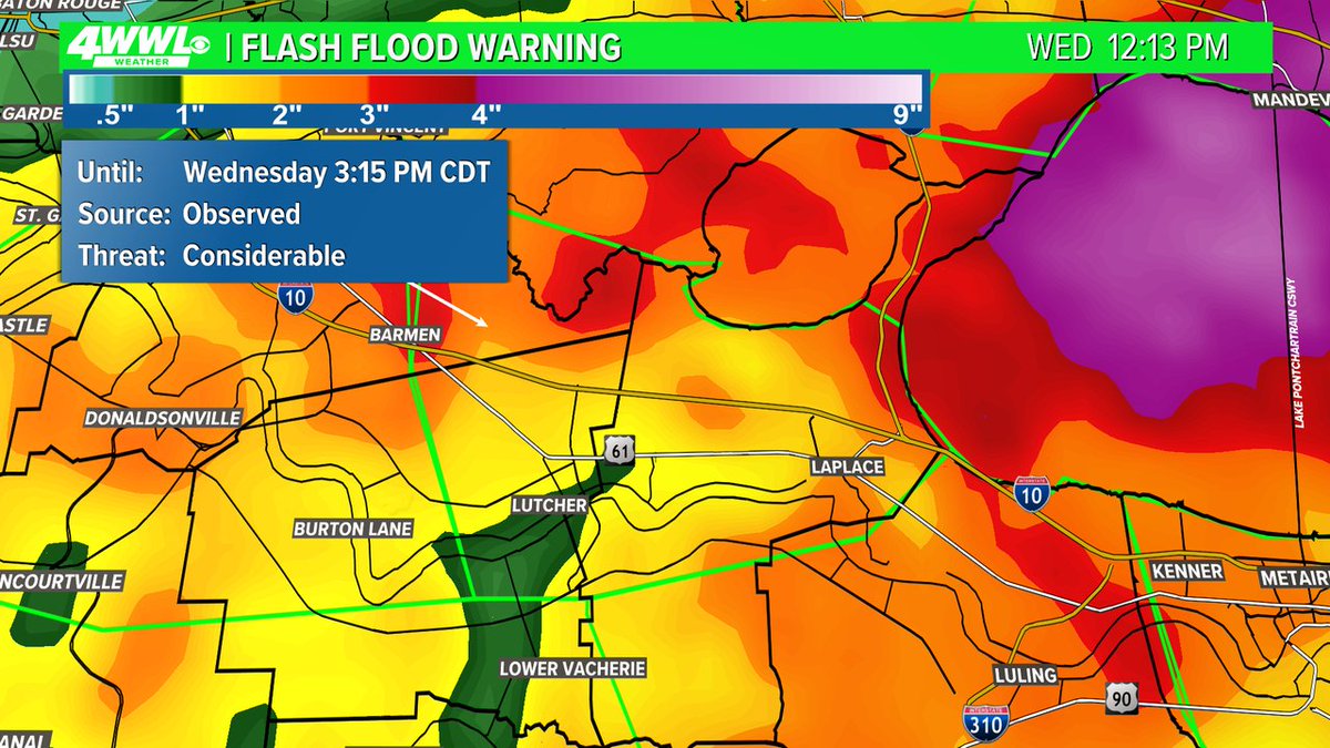 A Flash Flood Warning has been issued for parts of St. John The Baptist, St. James, Ascension, Livingston, St. Charles until 4/10 3:15PM. Street flooding is happening or about to happen. #BeOn4