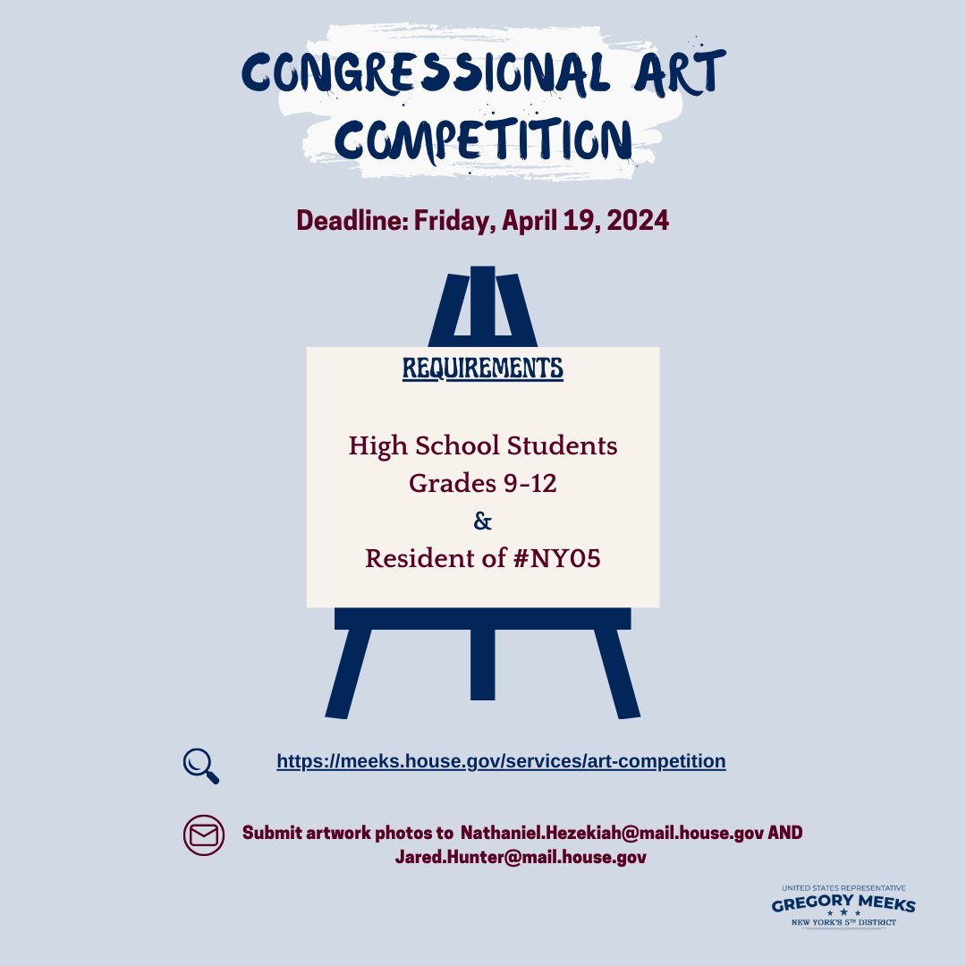 CALLING ALL ARTISTS🎨: I’m excited to announce that my office is accepting submissions for the 2024 Congressional Art Competition. High school students in #NY05 don't forget to submit your best artwork! Complete form at meeks.house.gov/services/art-c… and submit artwork to emails below.