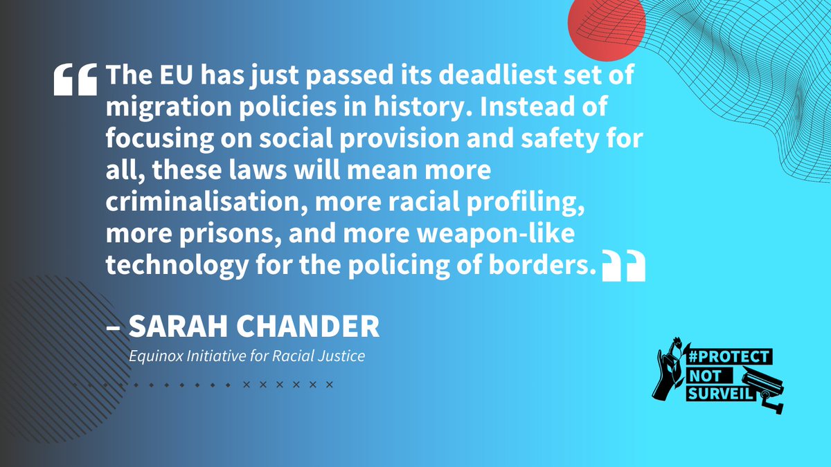 1/4 🚨@Europarl_EN just passed the #MigrationPact. 

This pact will:
❌create a dangerous regime of #MassSurveillance against migrants
❌treat people as suspects 
❌lead to more tech-facilitated prisons

Read the #ProtectNotSurveil statement ➡️ edri.org/wp-content/upl…