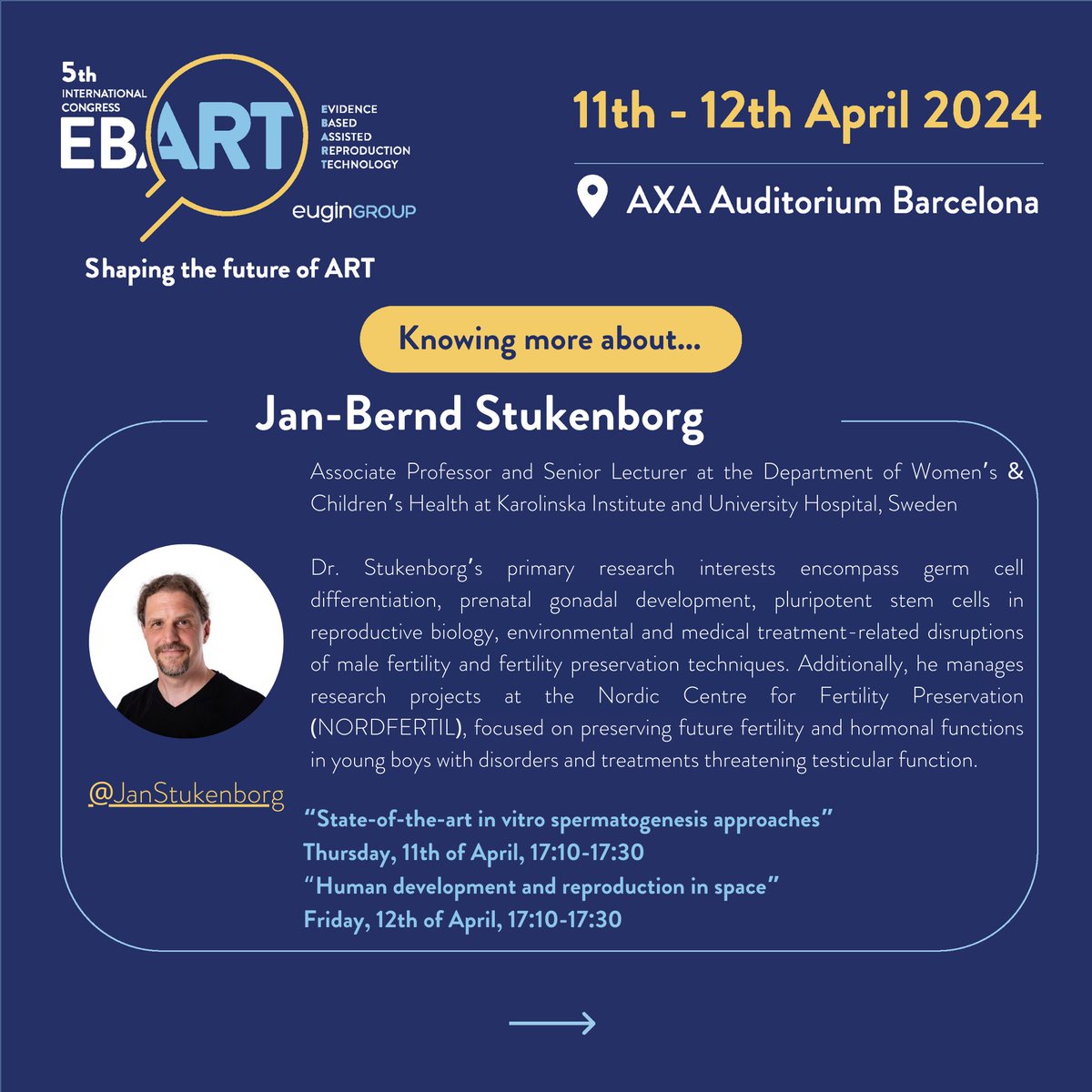 🗣Speakers #EBART2024🔬

Knowing more about Professor @JanStukenborg🧐 Dr. Stukenborg is Associate Professor and Senior Lecturer at the Department of Women’s & Children’s Health at @karolinskainst Institutet and University hospital of Northern #Sweden

#IVF #reproductiveMedicine