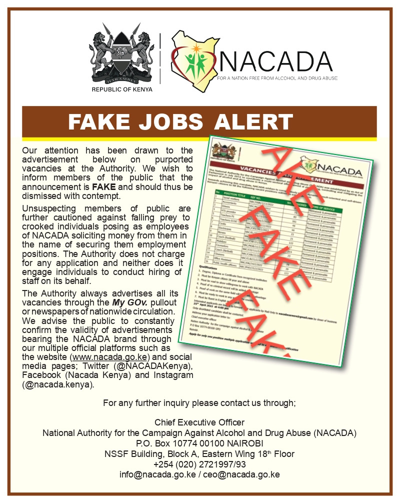 FAKE JOBS ADVERT
We have taken note of a FAKE job advertisement being shared online.  Please be advised that the Authority is not hiring .