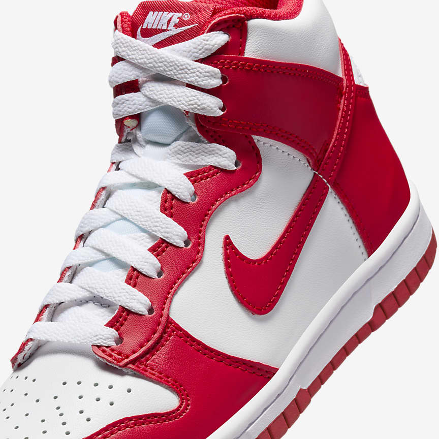 Grade School Nike Dunk High 'White/University Red' on @nikestore Link -> go.j23app.com/12p2