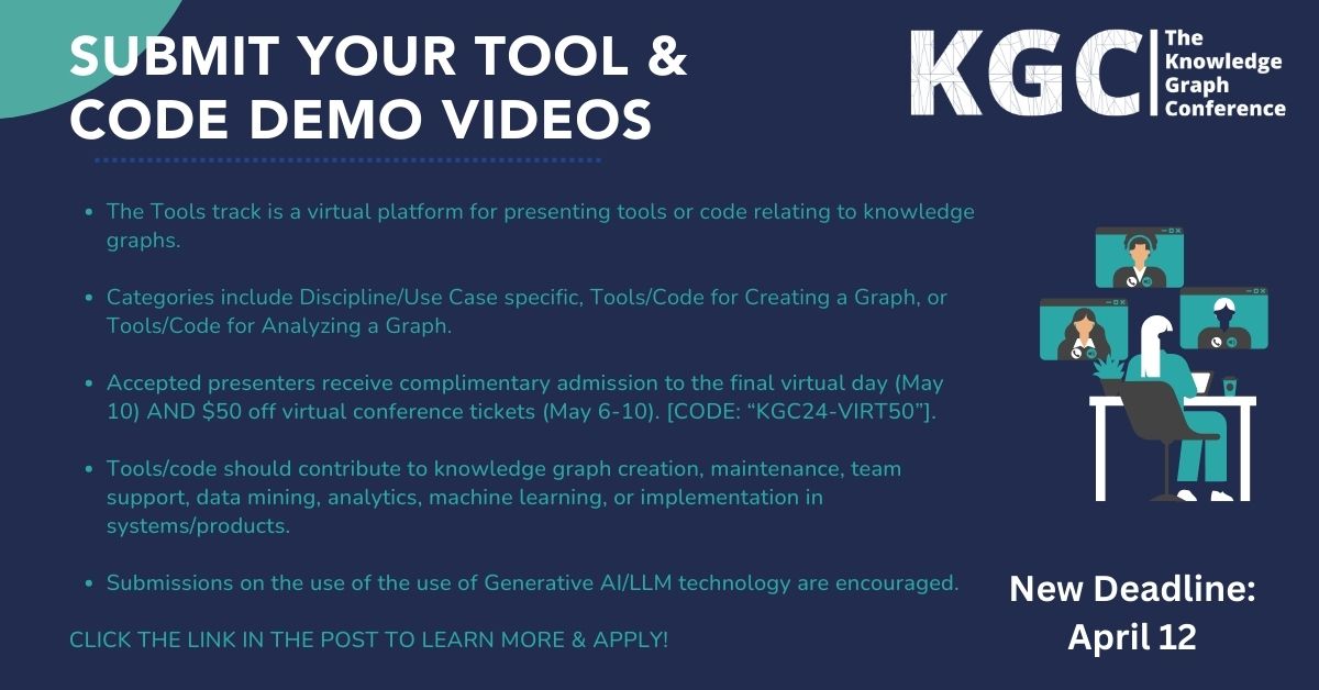 KGConference's tweet image. 📢New Deadline! Call for Tool &amp;amp; Code Demo Vids. 

📱 The Tools track resembles a #TikTok pitch showcasing your tool or code.

🤝It&apos;s an opportunity to gain visibility, foster adoption &amp;amp; to collaborate. 

🛑Deadline: April 12th

Learn more👉docs.google.com/forms/d/e/1FAI…

#TechPitch #AI
