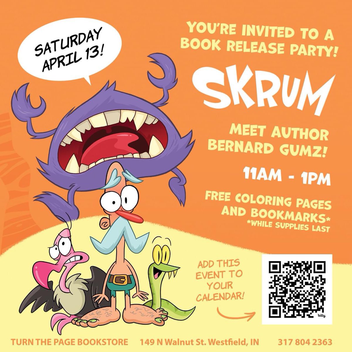 Hey Indiana! Join Bernard Gumz on Saturday, April 13th for a SKRUM Book Release Party! Bernard will be at Turn the Page in Westfield for a SKRUM storytime and book signing. turnthepagewestfield.com