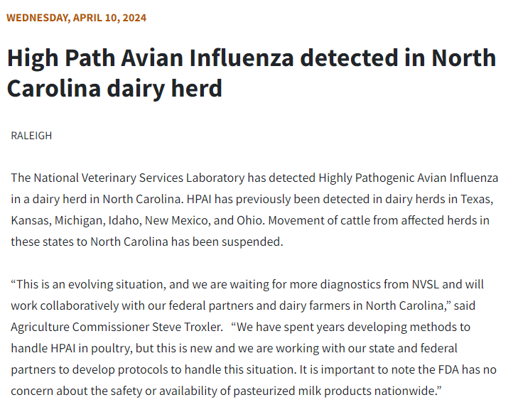 North Carolina reports its 1st outbreak of H5N1 bird flu in dairy cows. Movement of cattle from affected herds in 6 other states has been suspended.