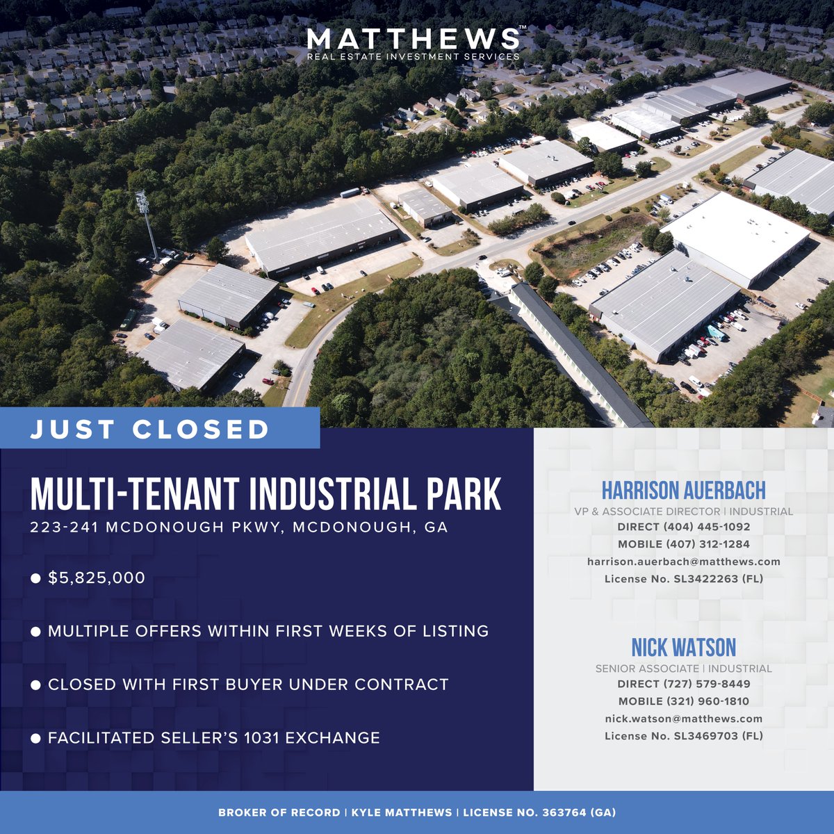 Harrison Auerbach and Nick Watson completed the sale of McDonough Industrial Park in McDonough, GA. The industrial park features five buildings totaling 90,300 square feet 🤝 🔗 Read more: matthews.com/press-release/… #Matthews #CRE #RealEstate #Industrial #GeorgiaRealEstate