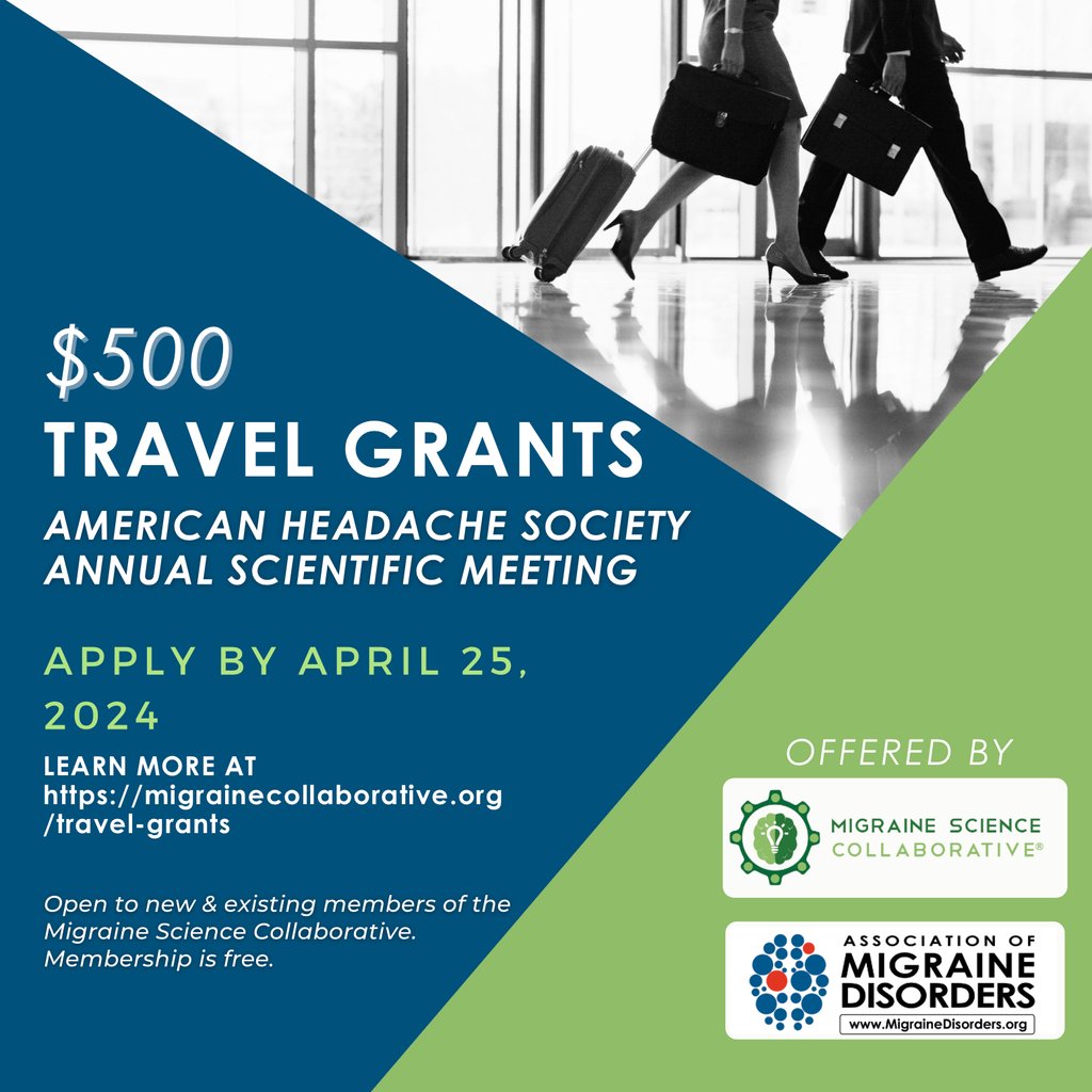 MSC offers travel grants, for grad students and postdocs, to cover expenses related to the upcoming American Headache Society 66th Annual Scientific Meeting in San Diego, CA, from June 13-16, 2024. Submissions due April 25, 2024. Visit MSC to learn more. migrainecollaborative.org/travel-grants