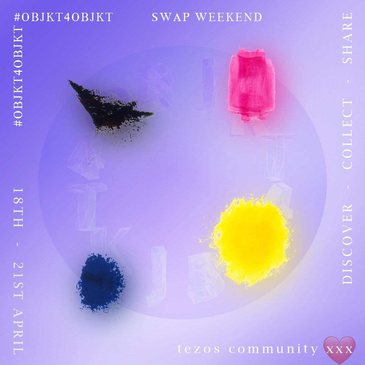 ✨Are you ready for the third OBJKT4OBJKT?✨

#OBJKT4OBJKT 
April 18-21 
Community art event to celebrate the creativity and talent in the space, in an inclusive way! 

Participation is very simple: 
▫️ mint a piece (don’t overmint!)
▫️ large edition or OE
▫️on any Tezos platform