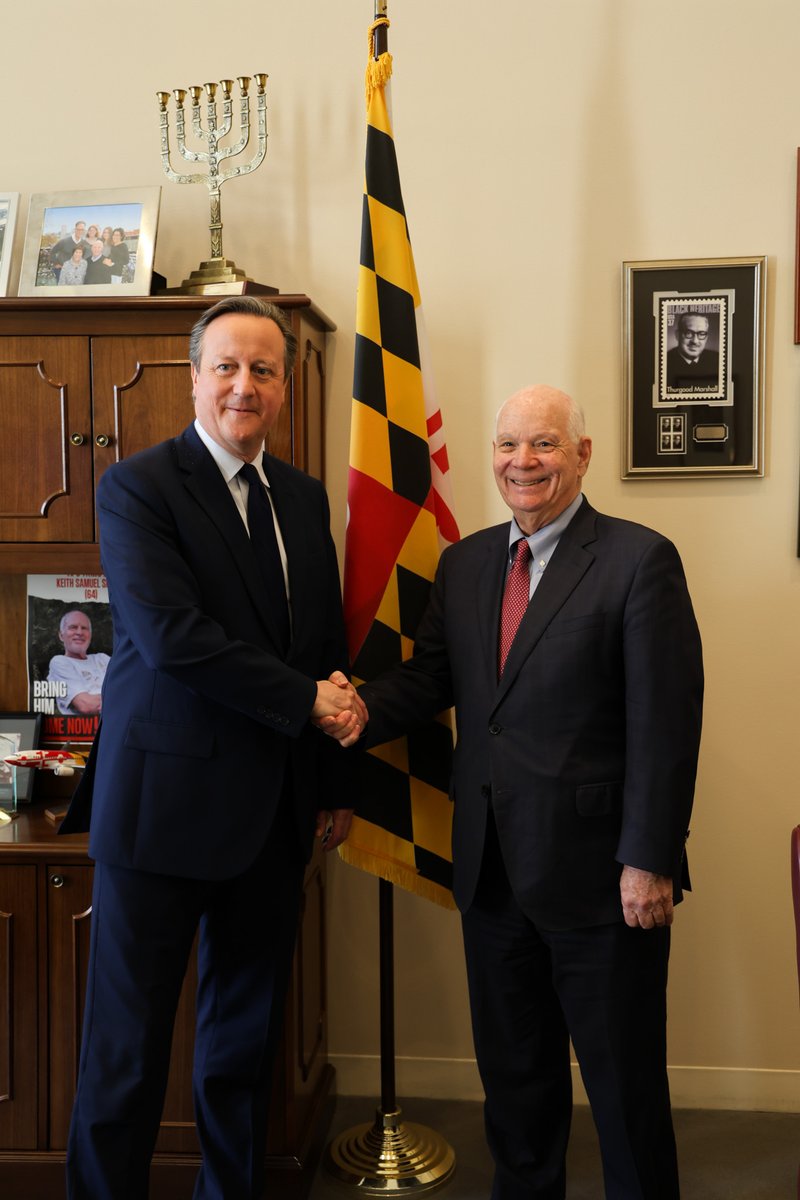 'Pleased to host U.K. Foreign Secretary @David_Cameron today in Washington,' said Chair @SenatorCardin. 'We agreed that the House of Representatives must urgently pass Ukraine aid and we discussed the importance of getting British citizen @vkaramurza home to his family.'