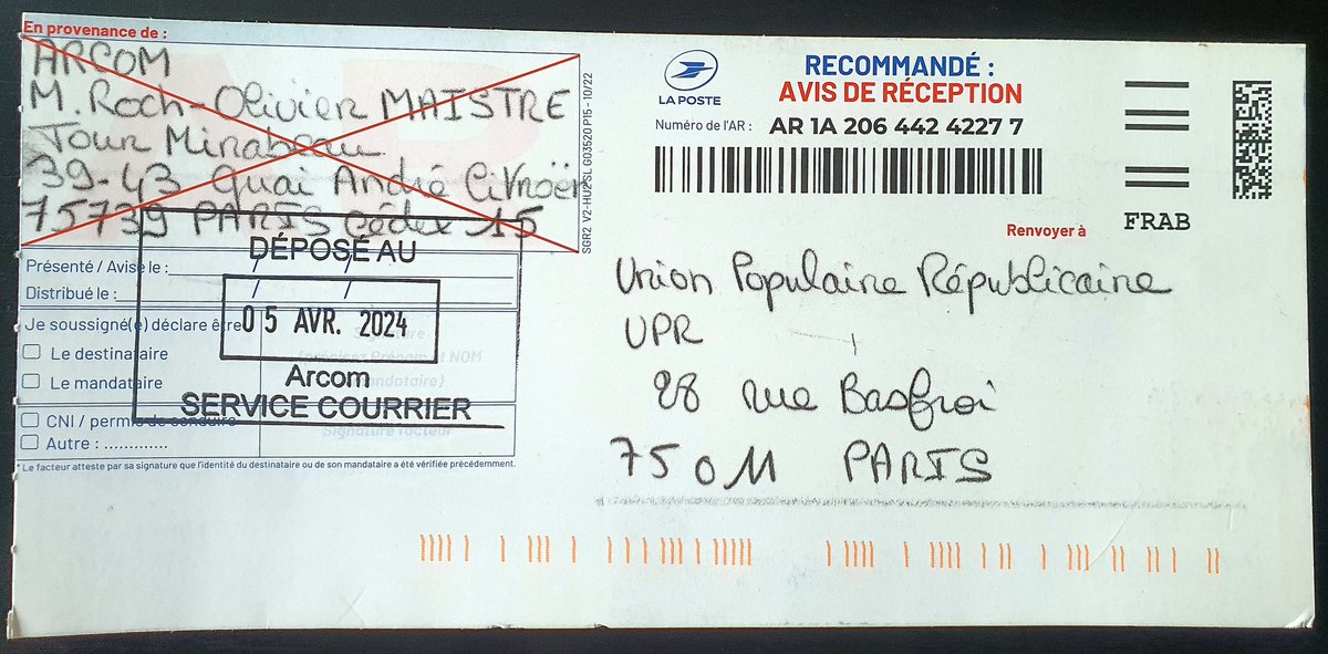 Accusé réception : ce courrier a été réceptionné par l'ARCOM le 5 avril 2024.