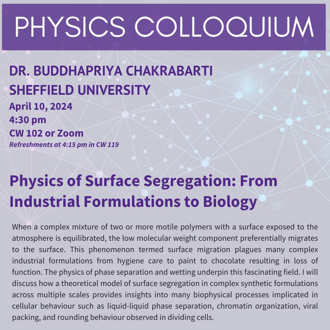 Join us this afternoon to hear Buddhapriya Chakrabarti of Sheffield University speak about 'Physics of Surface Segregation: From Industrial Formulations to Biology' at today's @KStateArtSci physics colloquium. Join us in person or e-mail office@phys.ksu.edu for a Zoom link.