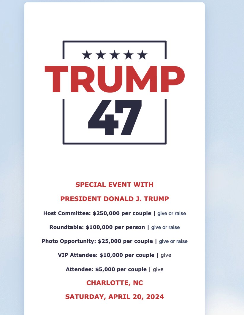 New — Trump schedules a fundraiser for next Saturday in Charlotte, North Carolina, per invite.