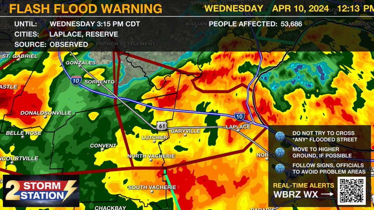 A ***FLASH FLOOD WARNING*** has been issued for St. John The Baptist, St. James, Ascension, Livingston, St. Charles until 4/10 3:15PM. Roads may be flooded, turn around don't drown! #LAwx Download the WBRZ Weather App: wbrz.com/news/download-…