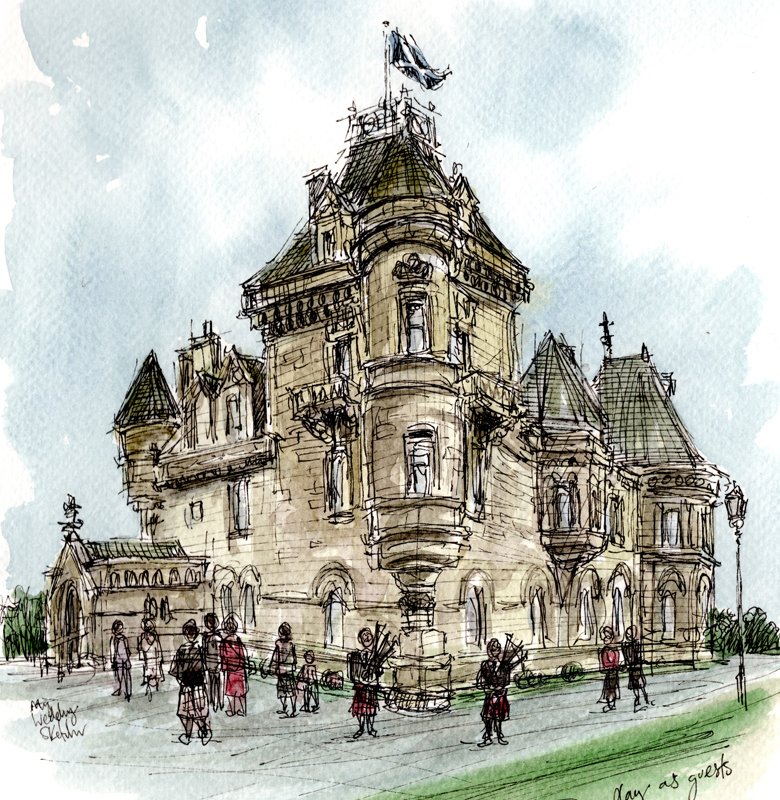Stunning Cornhill Castle in Biggar. A fairytale location to be married and always a great place to sketch. Fantastic sunsets by the river too. Congratulations to Emma and Neil who had two pipers to welcome their guests as I sketched before the ceremony. #weddingsketcher