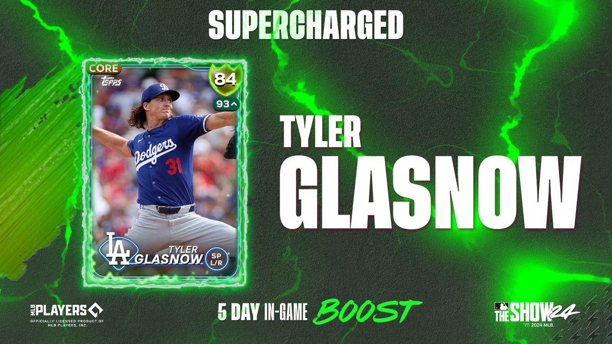 Tyler Glasnow with 14 strikeouts in only 88 pitches! Enjoy 🔋#Supercharged🔋 Glasnow bringing him to a 93 OVR for the next 5 days. @Dodgers | #Dodgers