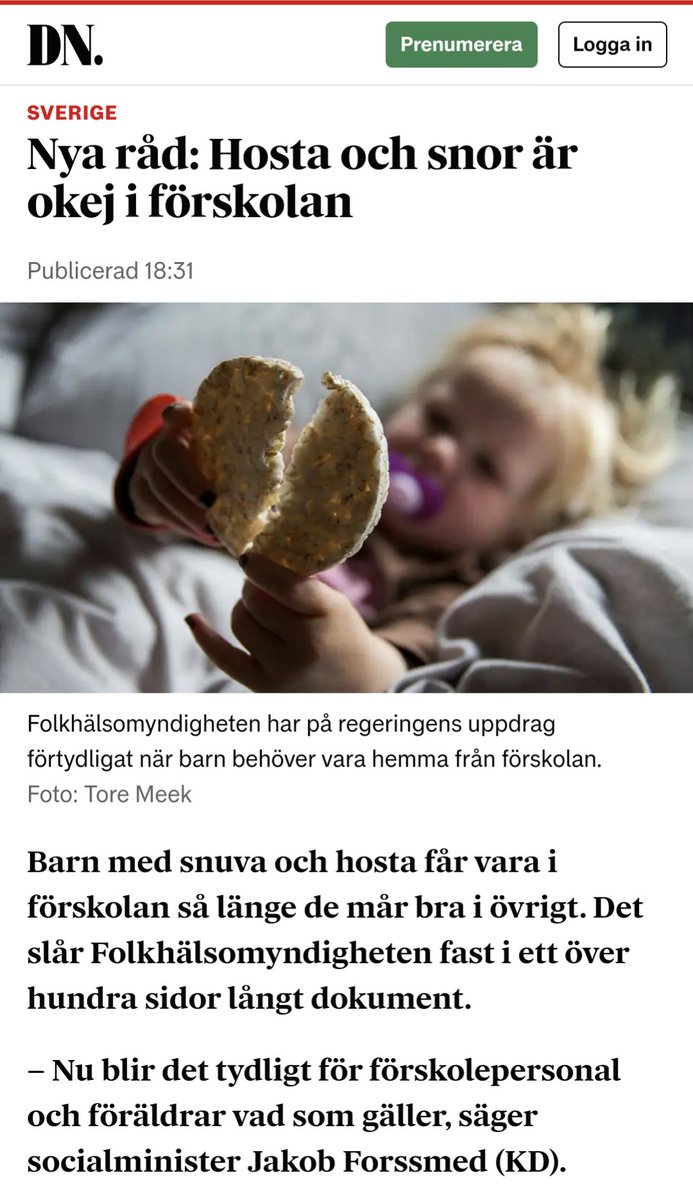 Headline: 'Cough and snot are ok in preschool' says the Swedish public health agency in a hundred page long document. 🤷🏻‍♀️