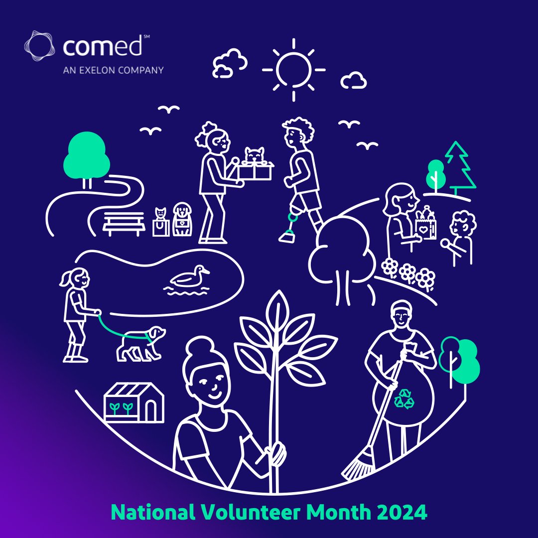 This #NationalVolunteerMonth, we're proud to be supporting #OurCommunities through events all over northern IL. 💜 From Chicago to Dixon, Kankakee to Waukegan & everywhere in between, our #ComEdVolunteers are cleaning parks, taking care of animals, distributing food & much more.