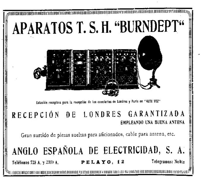 Un día como hoy, hace un siglo, el diario El Sol calculaba los aparatos de radio que había en Madrid: 15.000 caseros y 4.000 "de alto precio, para escuchar los conciertos de Londres". La BBC emitía sin restricciones. El Teatro Real impedía que Radio Ibérica diera sus conciertos.