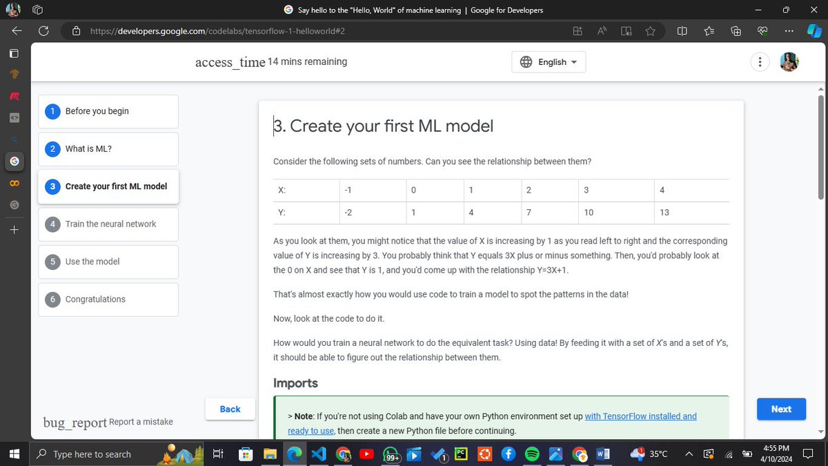 Victor_ML_AI's tweet image. Day 10 of #100DaysOfAI 
The hello world of Machine Learning with google code:lab

Bulding a neural Network with 1 Dense layer with an optimizer to me was the best way to explain how neural Networks work. 

#NeuralNetworks #codelab #ai #buildinpubic #genai #machinelearning