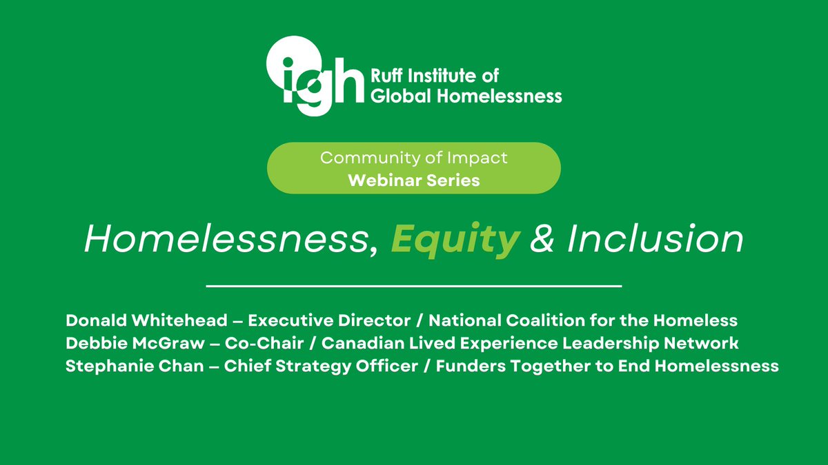 Join us for our next webinar on #Homelessness, Equity, and Inclusion with Donald Whitehead - @NationalHomeles, Debbie McGraw - @LivedLeadership and Stephanie Chan - @funderstogether. May 8, 2024 — 10:00 - 11:15 am (CT)/11:00 am - 12:15 pm (ET). Register: bit.ly/3TTnJmD