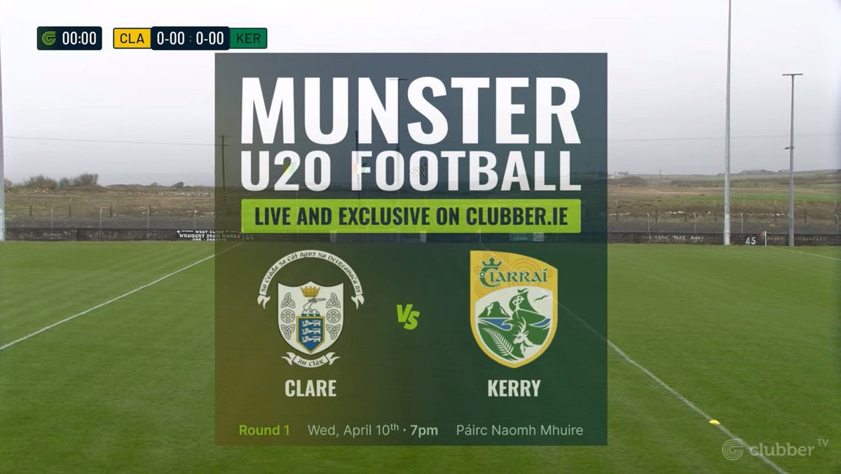 We are LIVE from Páirc Naomh Mhuire for the @MunsterGAA U20 Football Championship 🏐 @GaaClare 🆚 @Kerry_Official, 7pm Tune in NOW on Clubber TV ➡️ clubber.ie 🔗