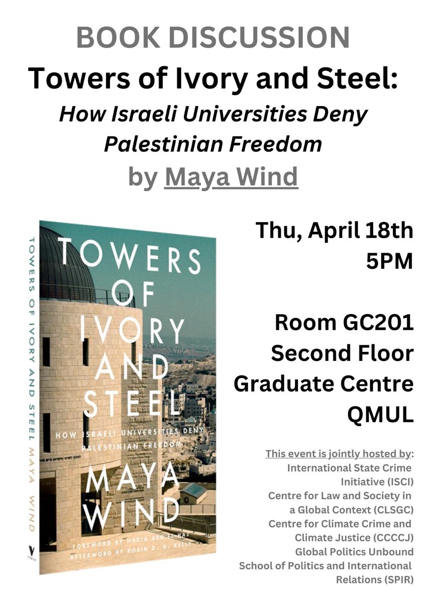 // BOOK DISCUSSION // Towers of Ivory, Towers of Steel: Israeli Universities and the Apartheid System @mayaywind. Learn how Israeli universities serve as pillars of Israel's system of oppression against Palestinians. Sign up here ticketsource.co.uk/null/t-xmxappo…