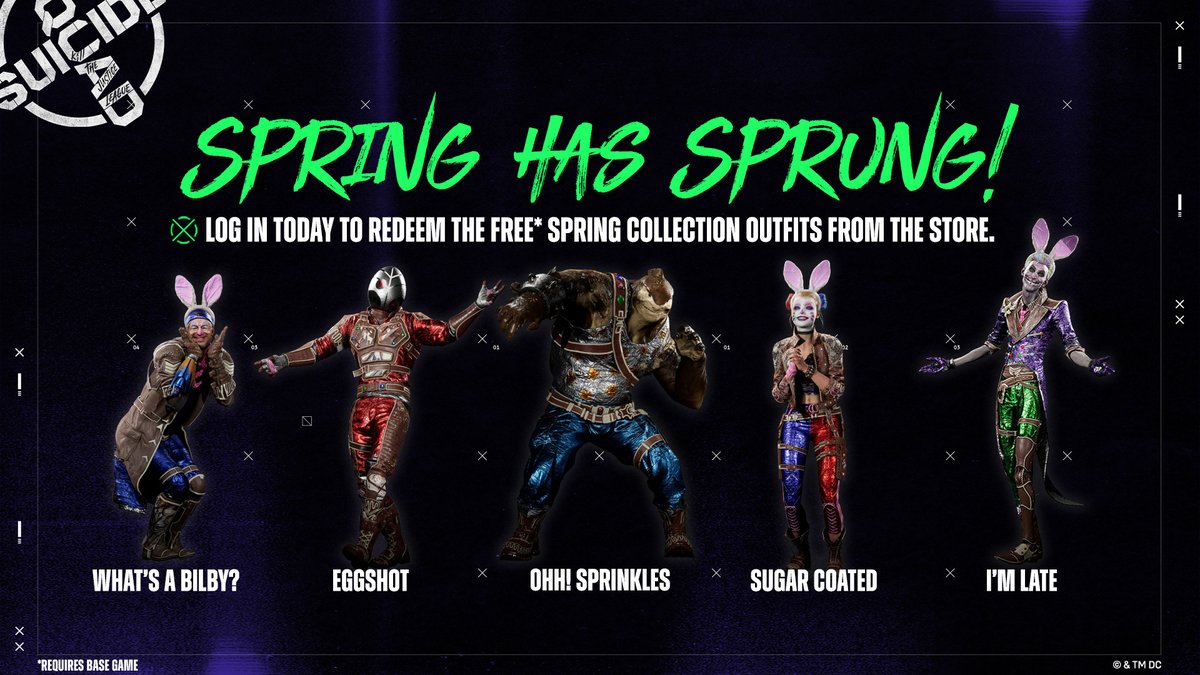 Spring into action! Log into #SuicideSquadGame today and hop on over to the in-game Store to get your hands on the free Spring Outfits for each member of the Squad before they're gone tomorrow!