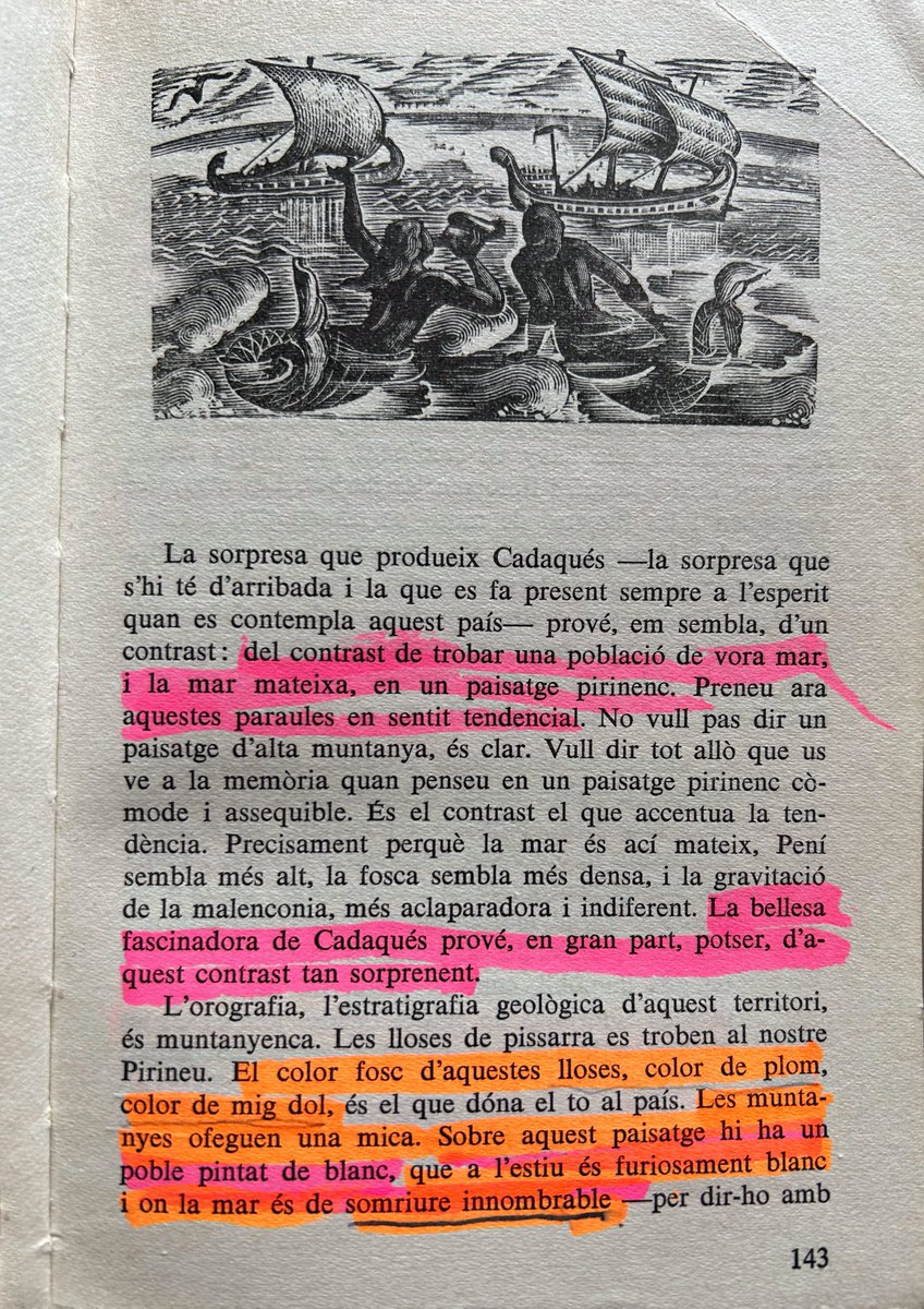 El meu pare, nascut el 1931, viu més de records que del present.
Darrerament té sempre al costat el llibre ‘#Cadaqués’ del #JosepPla.
El té subratllat de colors i el rellegeix constantment. A cada llegida marca noves frases. El llibre acabarà tot subratllat de colors.