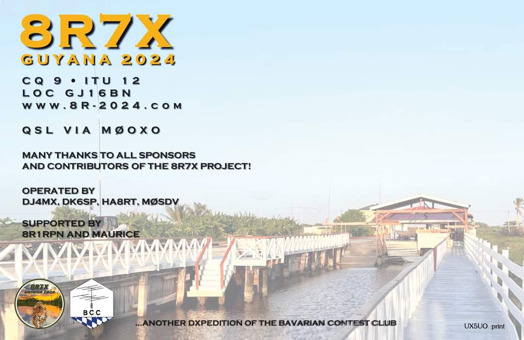 #8R7X - Guyana 2024 QSL Card preview. The card design is shown below. We are offering a 4 sided (folded) card for direct requests and a single two sided card for bureau requests. Our QSL Manager #M0OXO expects to mail them in early May. m0oxo.com/oqrs/logsearch…