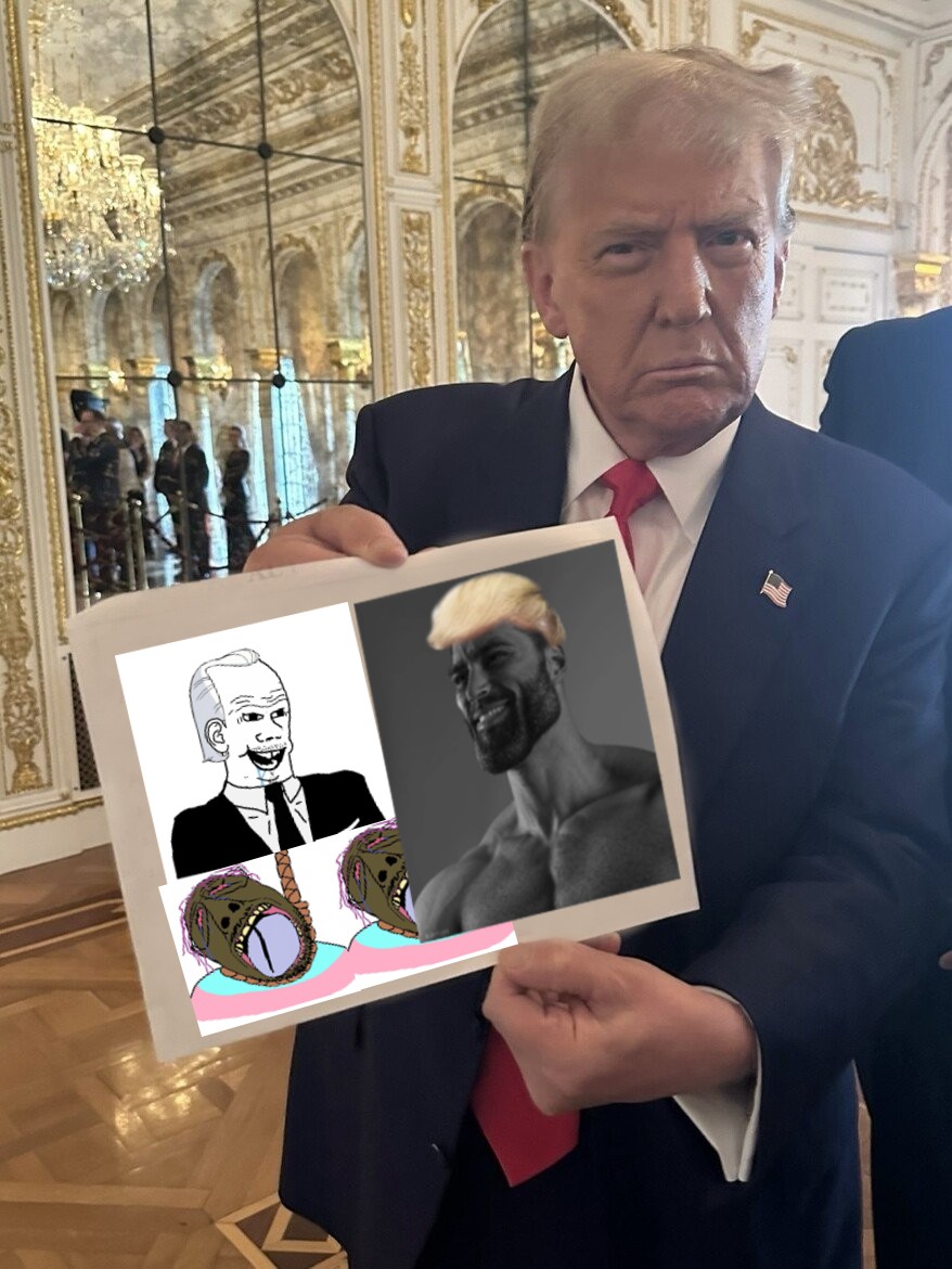 'They call em Gigachad folks. Winckelgoon14 on X, but some people still call it Twitter, made this one. Barron came running into my room, the biggest room at the Maralago, and showed me this. Biden and his radical marxists want you to think right wing art doesn't exist'