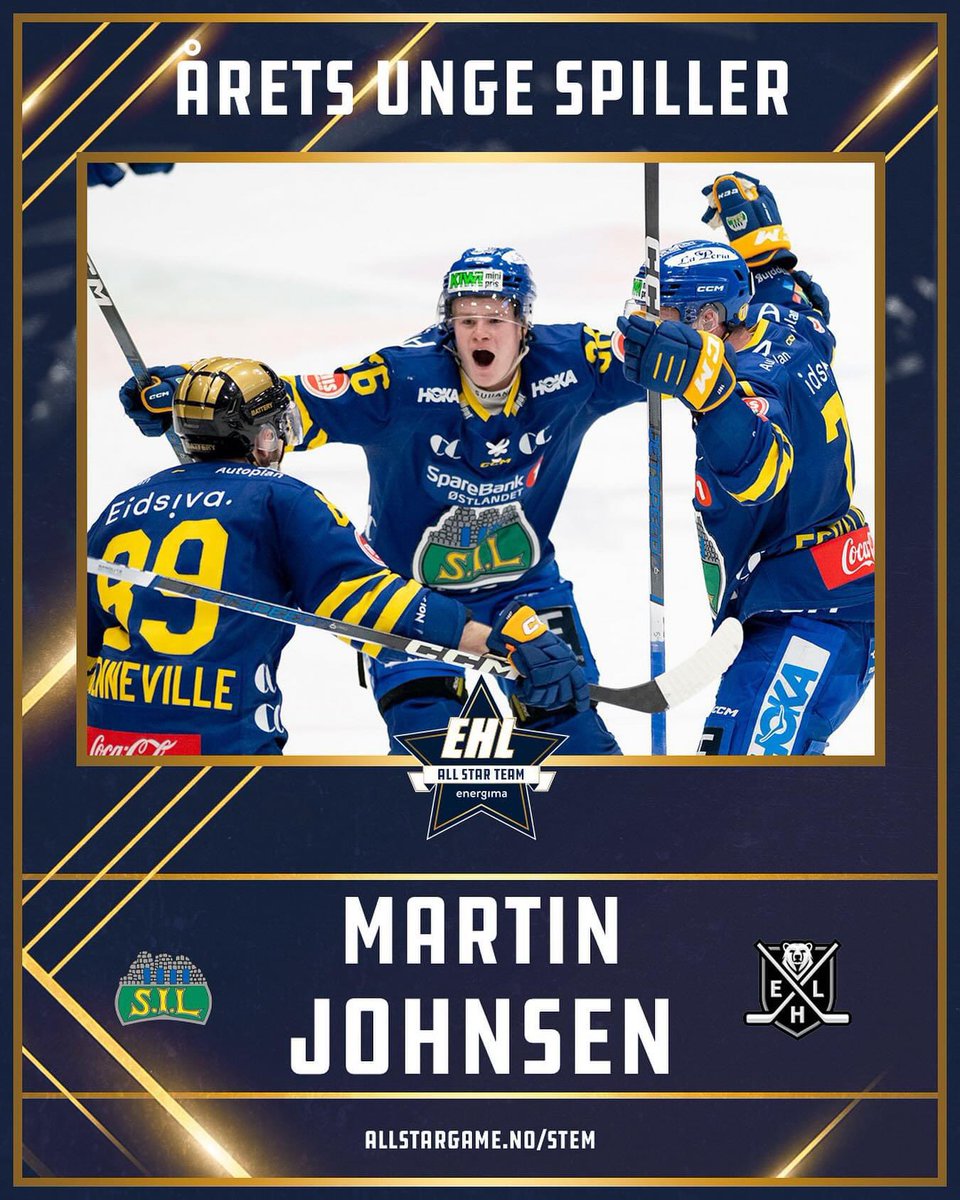 Gratulerer, MJ!🙌🏼 
ble stemt frem av spillerne og trenerne i EHL til «årets unge spiller». Han får med det tildelt en plass på EHL All Star Team 
#2hockey #storhamargutta 
<a href="/StorhamarHockey/">Storhamar Hockey</a>