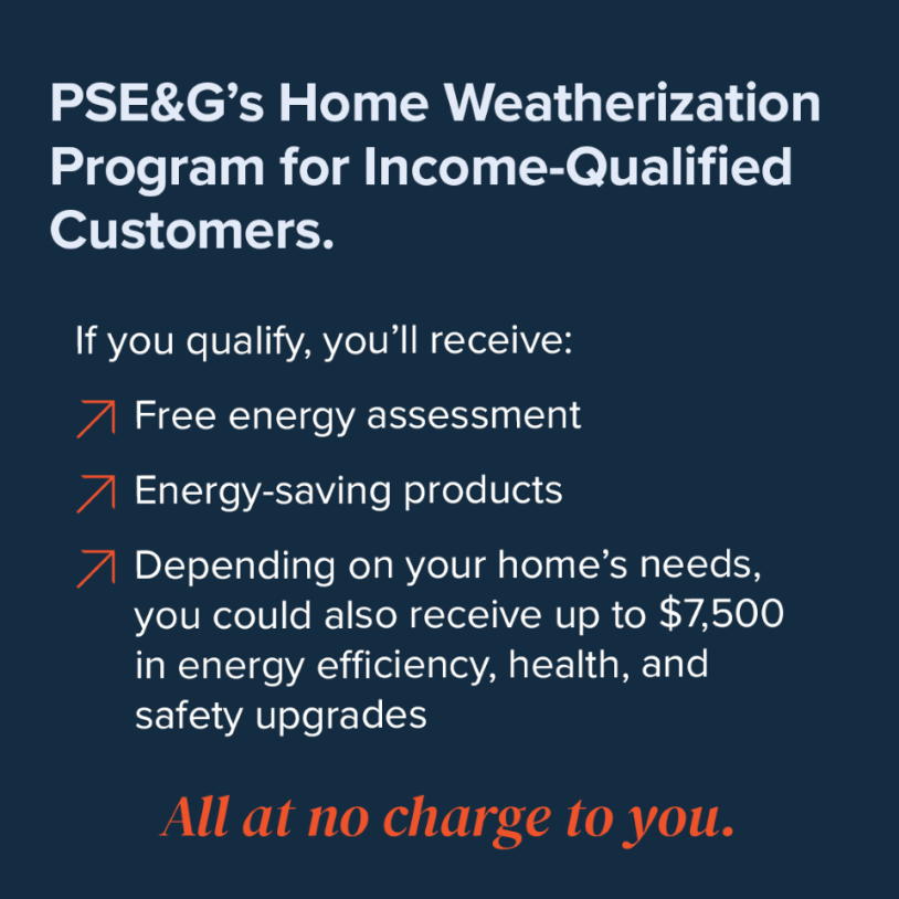 Did you know that you can receive a free home energy assessment and up to $7,500 in no-cost upgrades through PSE&G’s Home Weatherization Program for Income-Qualified Customers?

See if you qualify: bit.ly/PSEGPrograms

#PSEGCommunityAlly #SaveEnergy