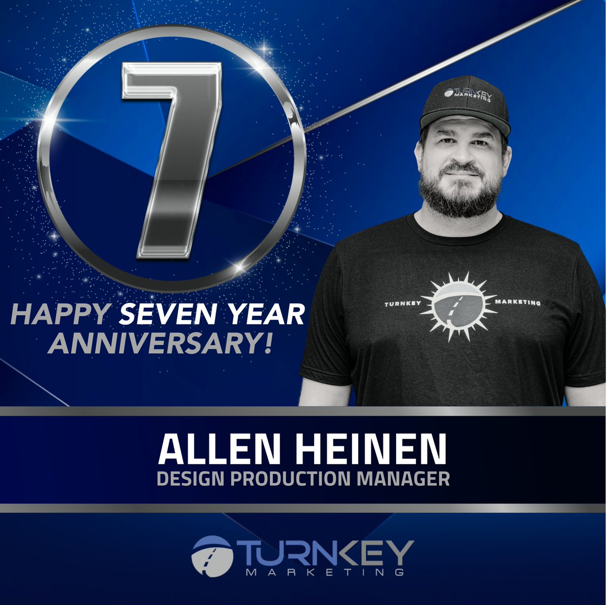 tkmkt_'s tweet photo. Please join us in a huge TurnKey Marketing #Anniversary Shoutout to Allen Heinen! Congratulations on Lucky #7, Allen 🎉 Thank you for your commitment to the team and wish you every success in this next year. Cheers to you! #TkmktStrong #DigitalMarketing #DesignProduction https://t.co/Yg6oEHakIP