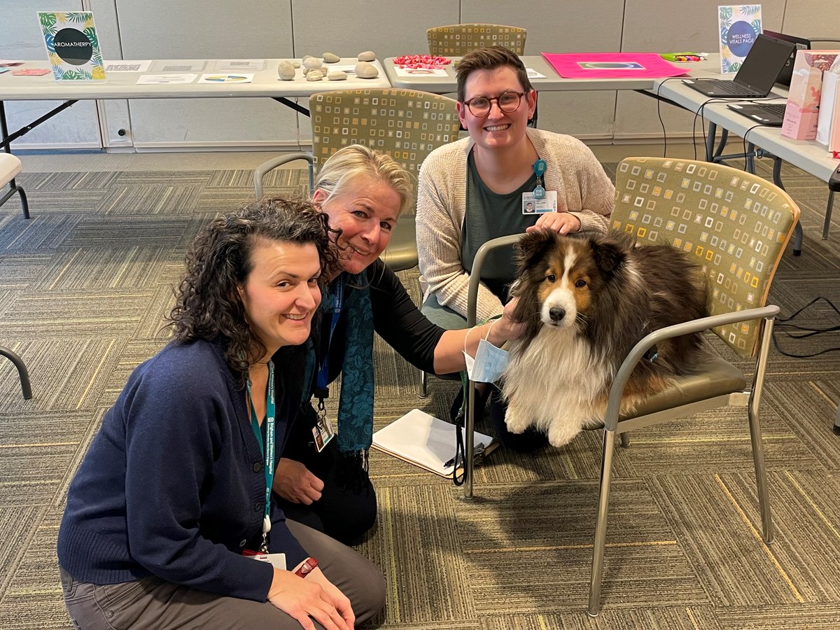 April is #PetTherapyMonth! Recently, at our wellness sessions for staff, we had some pups from the Brigham Buddies pet therapy program come in to meet the team.