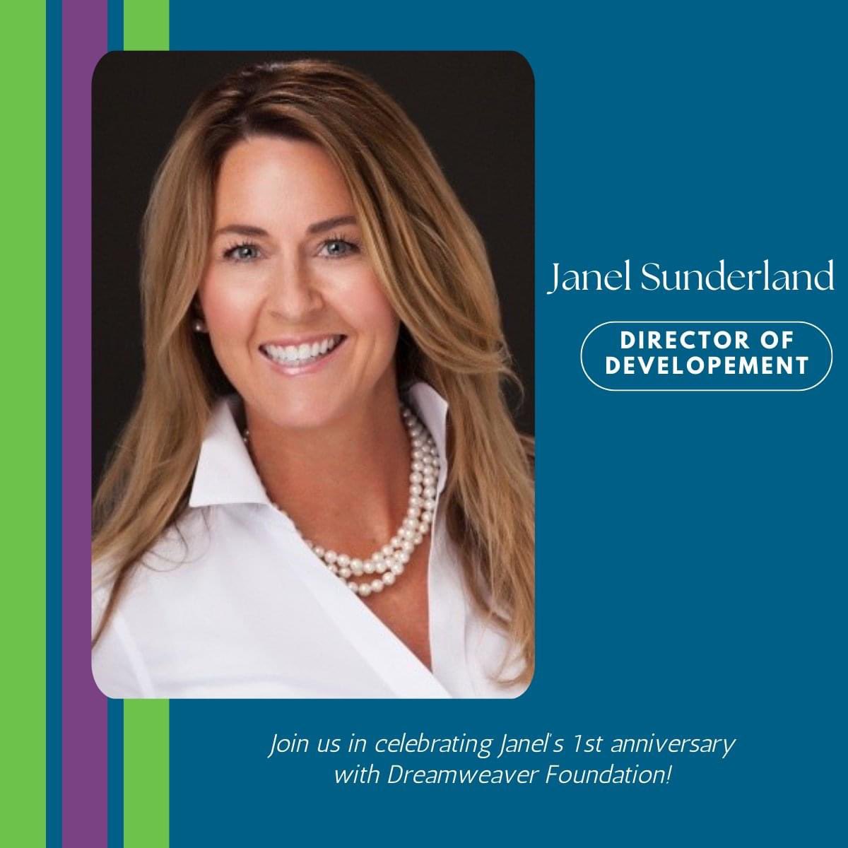 Congratulations to Janel on her first anniversary with Dreamweaver Foundation. Thank you for all you do, and here's to many more successful years ahead! 🎉Give today to celebrate! bit.ly/3GS9BUA